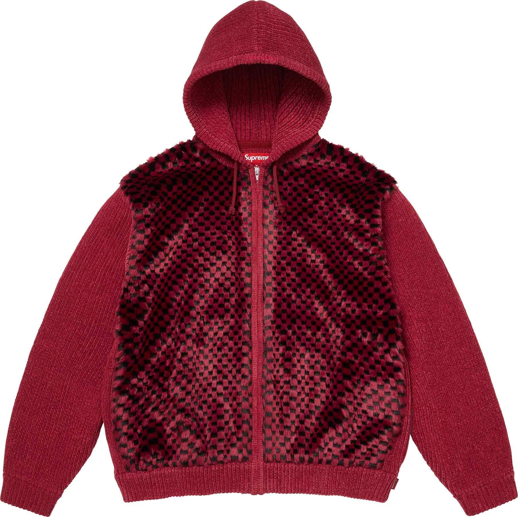 Checkerboard Faux Fur Zip Up Hooded Sweater view 3